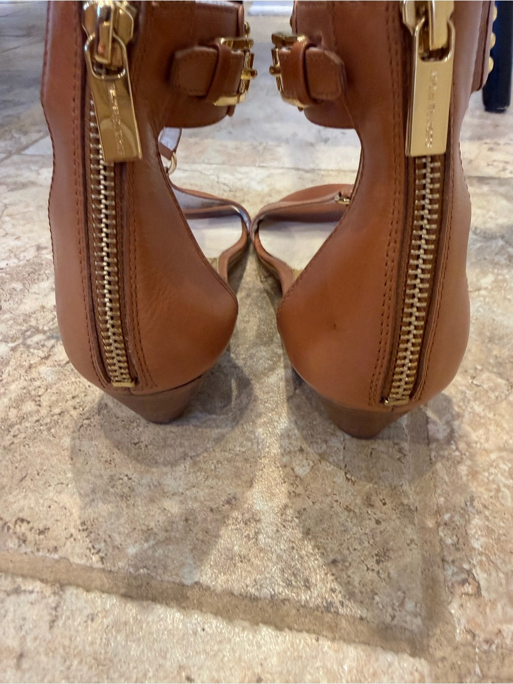 MICHAEL Michael Kors Tan Leather Studded T-Strap Sandals - Picture 2 of 2